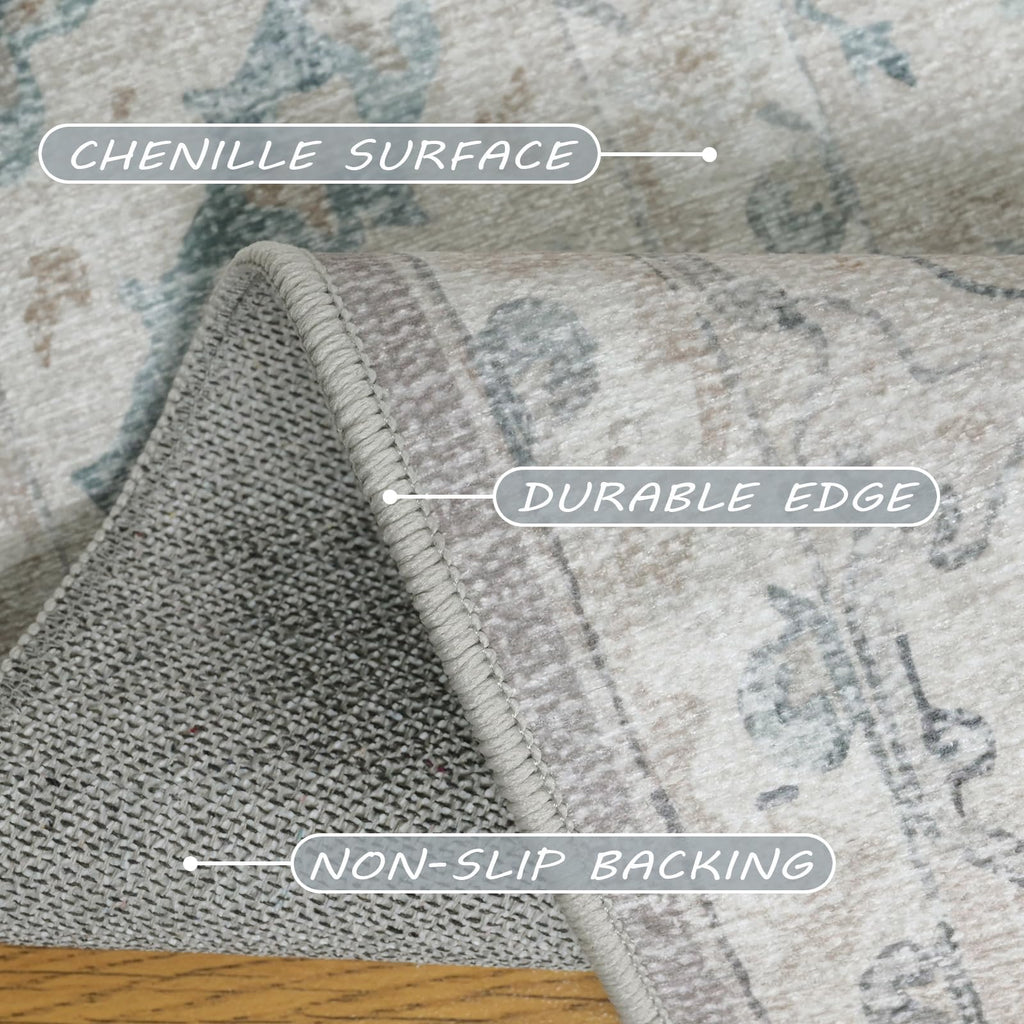 phonzenuo 8x10 Area Rugs for Living Room, Machine Washable Non Slip Vintage Retro Rugs, Low Pile Lightweight Chenille Print Indoor Rug for Bedroom, Dining Room, Home Office(Grey/Blue/TAN/Teal/Green)
