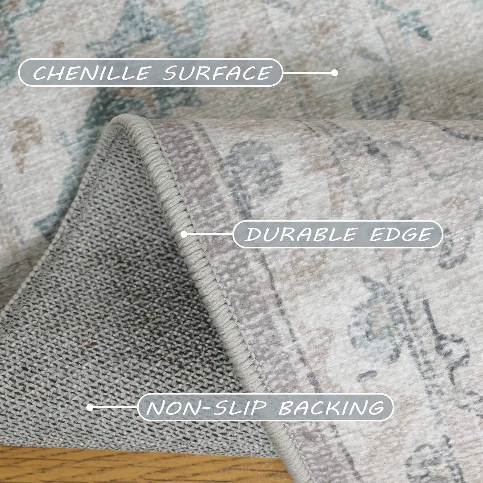 phonzenuo 8x10 Area Rugs for Living Room, Machine Washable Non Slip Vintage Retro Rugs, Low Pile Lightweight Chenille Print Indoor Rug for Bedroom, Dining Room, Home Office(Grey/Blue/TAN/Teal/Green)