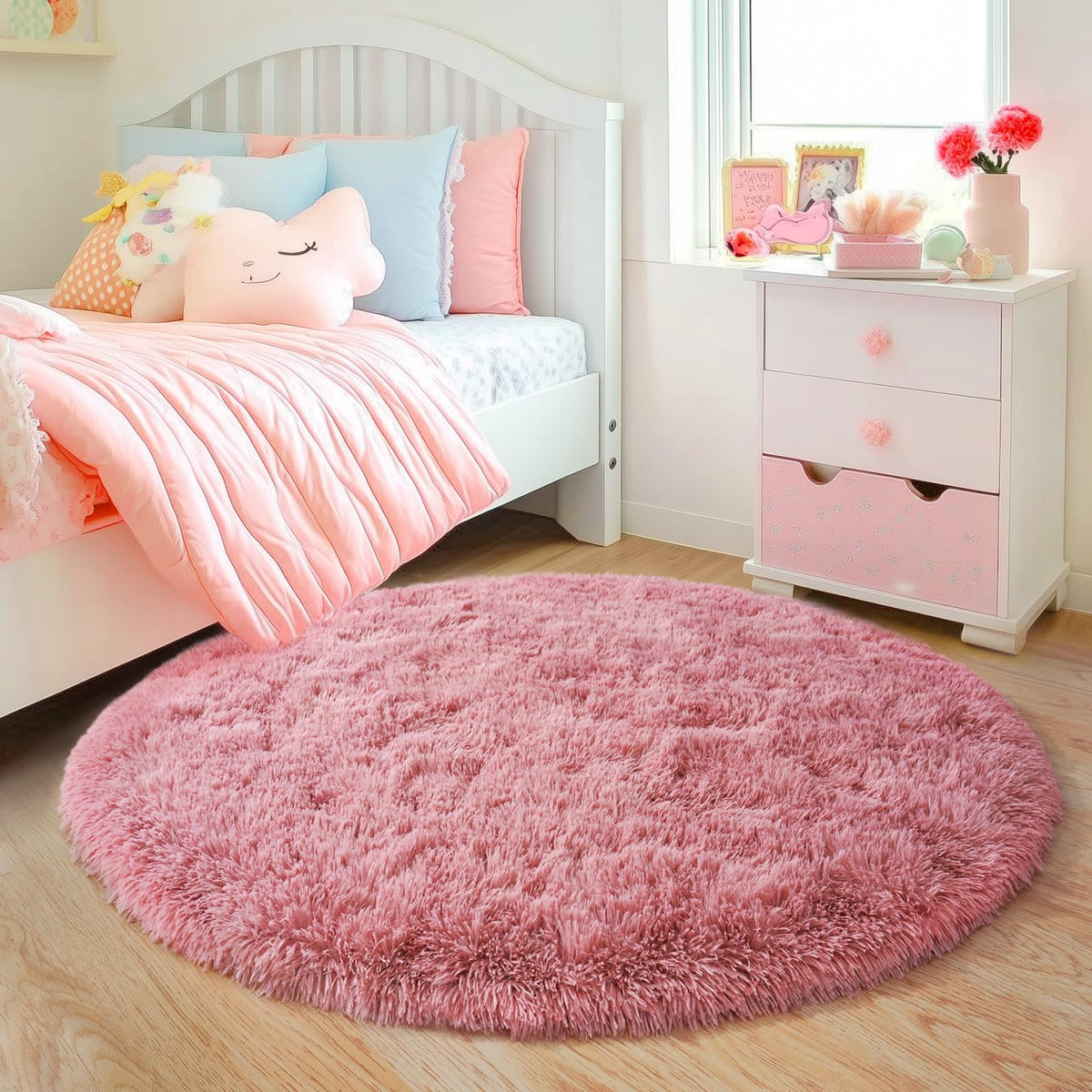 Quntue 4'x4' Grey Round Rug for Bedroom, Ultra Soft Fluffy Circle Rug for Kids Girls Boys Room, Cute Shag Rugs for Living Room Playroom Teen Room Home Decor Rug