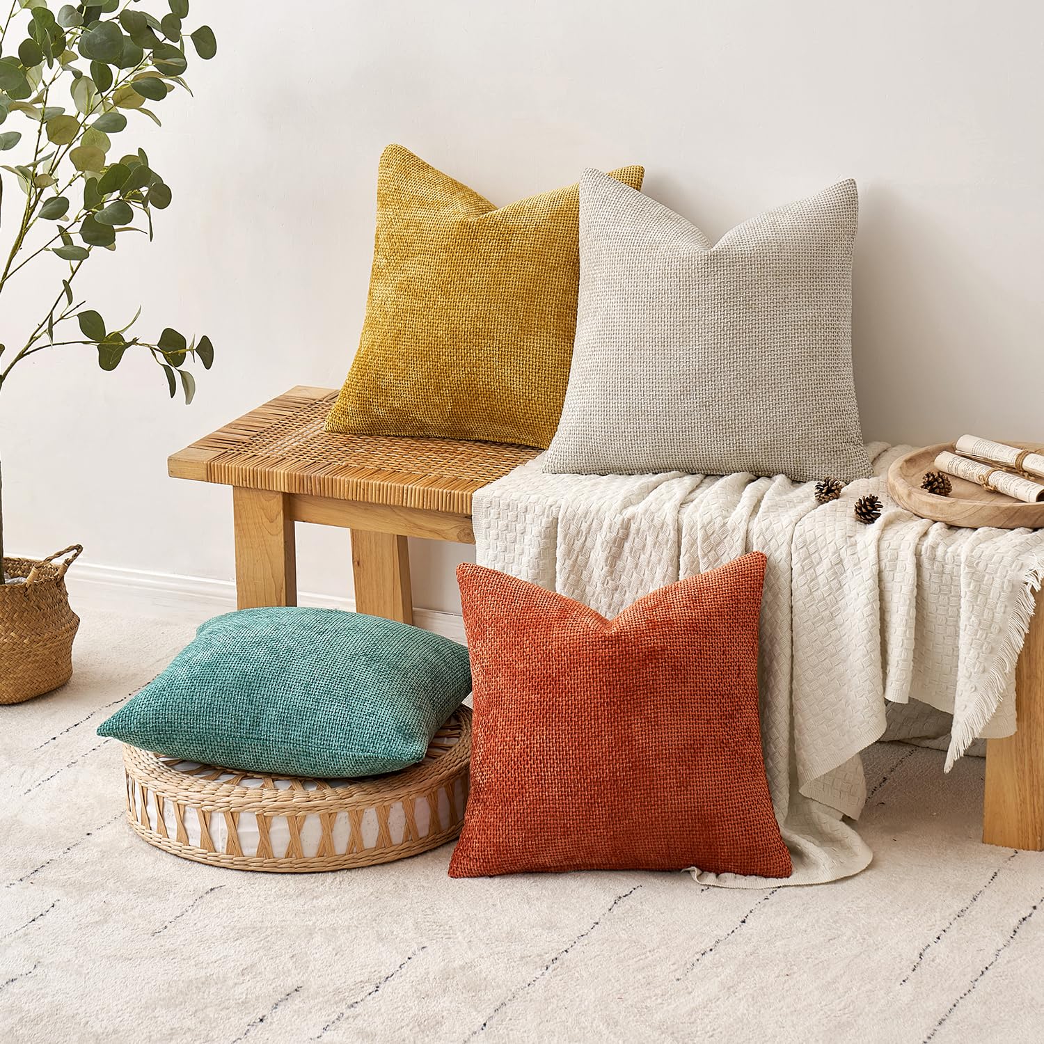 MIULEE Decorative Chenille Fall Pillow Covers Orange Teal 18x18 Pack of 4