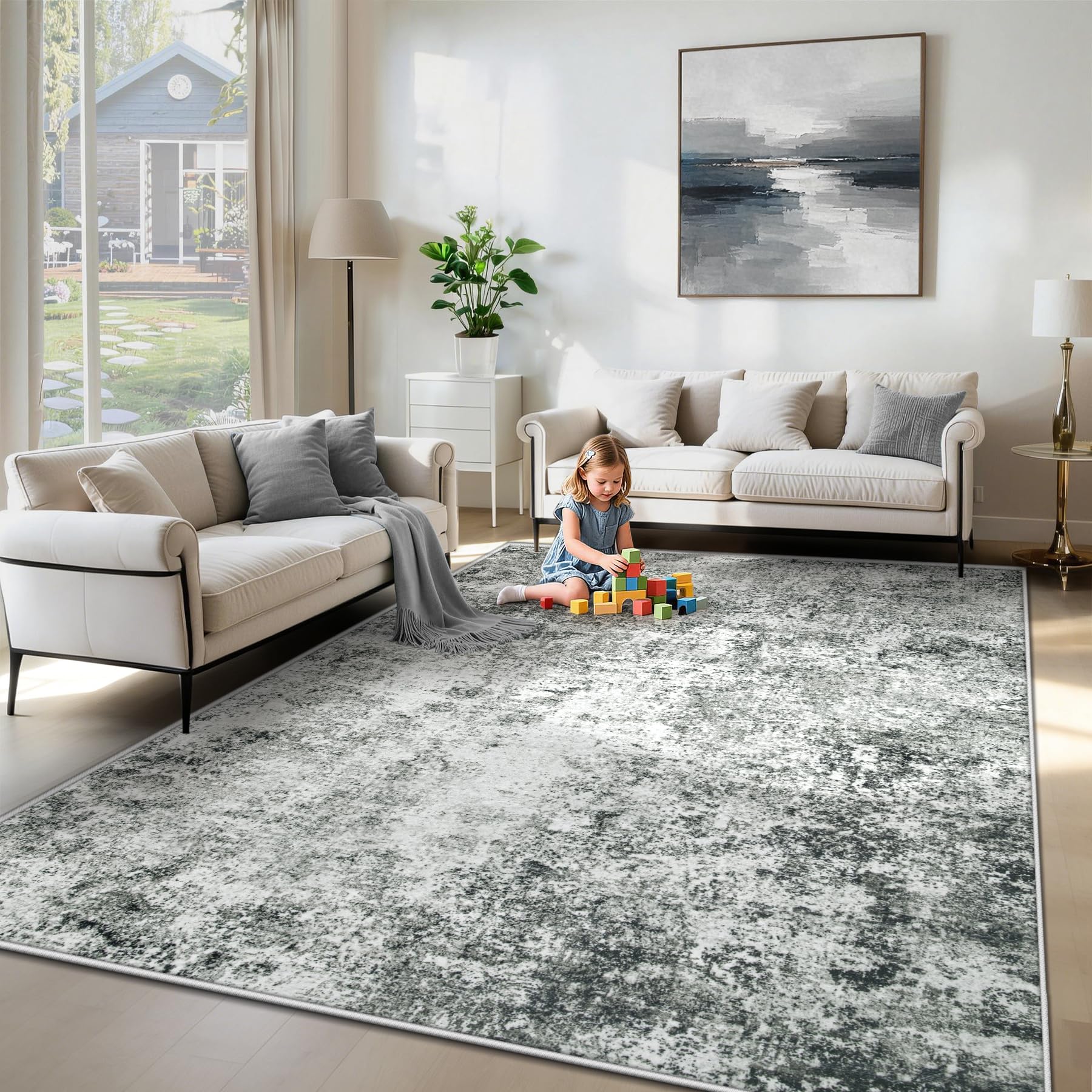 XLUEZ 6x9 Area Rugs for Living Room, Washable Modern Abstract Large Area Rug Neutral Soft Non Slip Kids Rug Stain Resistant Indoor Carpet for Bedroom Nursery Dining Room Playroom(Grey, 6'x9')