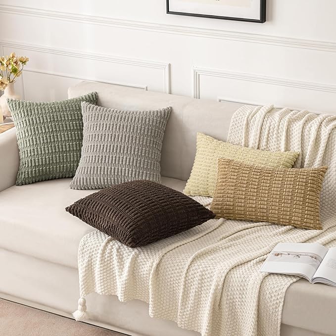 MIULEE Corduroy Decorative Throw Pillow Covers 18x18 Light Olive Pack of 2