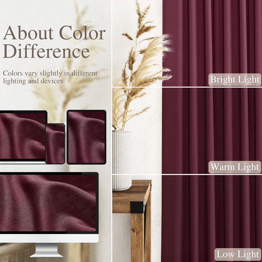 Nanspring Burgundy Linen Curtains 132 Inch Length for Living Room Light Filtering Semi Sheer Curtain Back Tab Vintage Boho Decor Drapes Floor to Ceiling High Window for Bedroom 52x132, 2 Panels