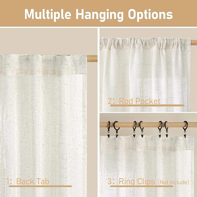 LAMIT Cream Linen Curtains 40 Inch for Kitchen Window Over Silk, 2 Panels