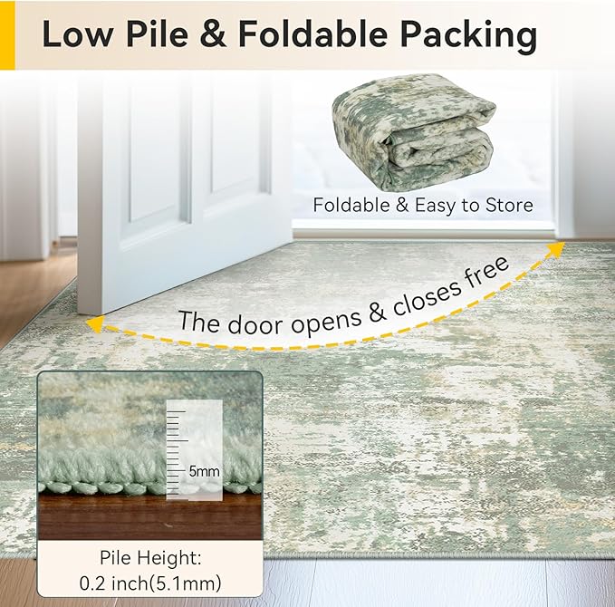 Washable Area Rugs 2'x6' Non-Slip Modern Abstract Soft for Living Room Entryway Bedroom Nursery, Print Pattern, Light Green/Yellow
