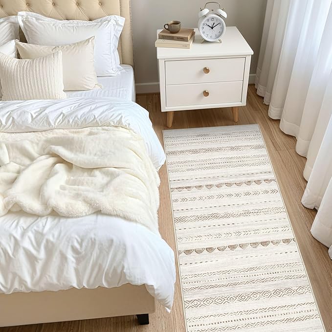 Nakagishi Runner Rug Kitchen Washable Rugs: 3x8 Non-Slip Boho Soft Modern Stain Resistant Indoor Floor Neutral Farmhouse Throw Carpet for Hallway Bathroom Laundry Room Entryway Bedroom- Brown