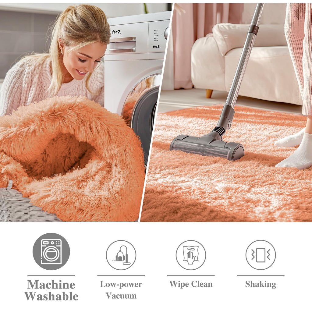 OLANLY Muted Orange Round Rugs for Bedroom - Machine Washable, 8 ft Circle Area Rugs for Living Room, Soft and Fluffy Shaggy Carpet for Teen Girl and Boys, Nursery Rooms, Dorms, Home Decor Aesthetic