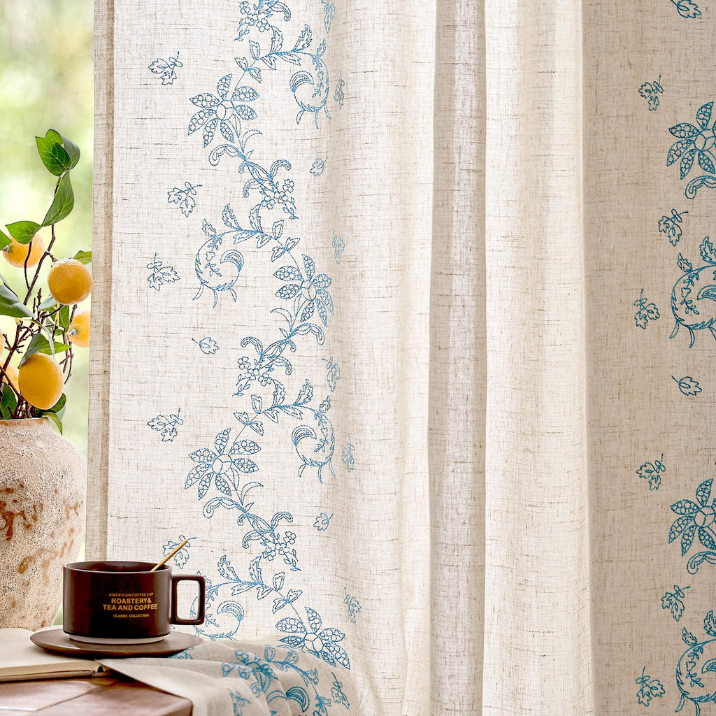 jinchan Floral Linen Curtains 84 Inch Farmhouse Back Tab 2 Panels