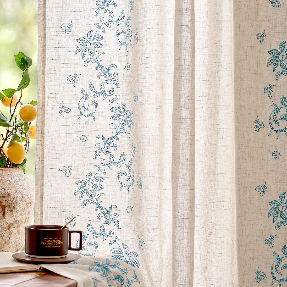 jinchan Floral Linen Curtains 84 Inch Farmhouse Back Tab 2 Panels