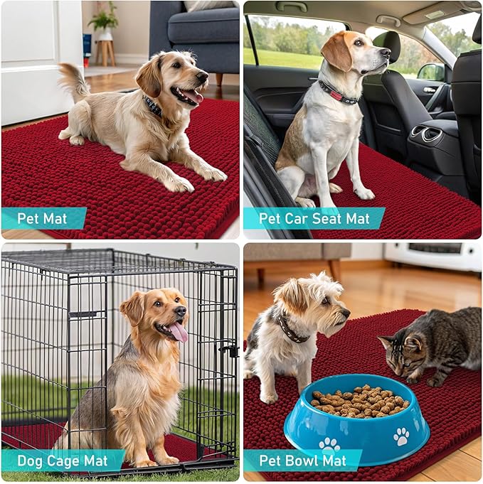 OLANLY Dog Door Mat for Muddy Paws 32x20, Absorbs Moisture and Dirt, Absorbent Non-Slip Washable Doormat, Quick Dry Chenille Mud Mat for Dogs, Entry Indoor Entryway Carpet for Inside Floor, Red