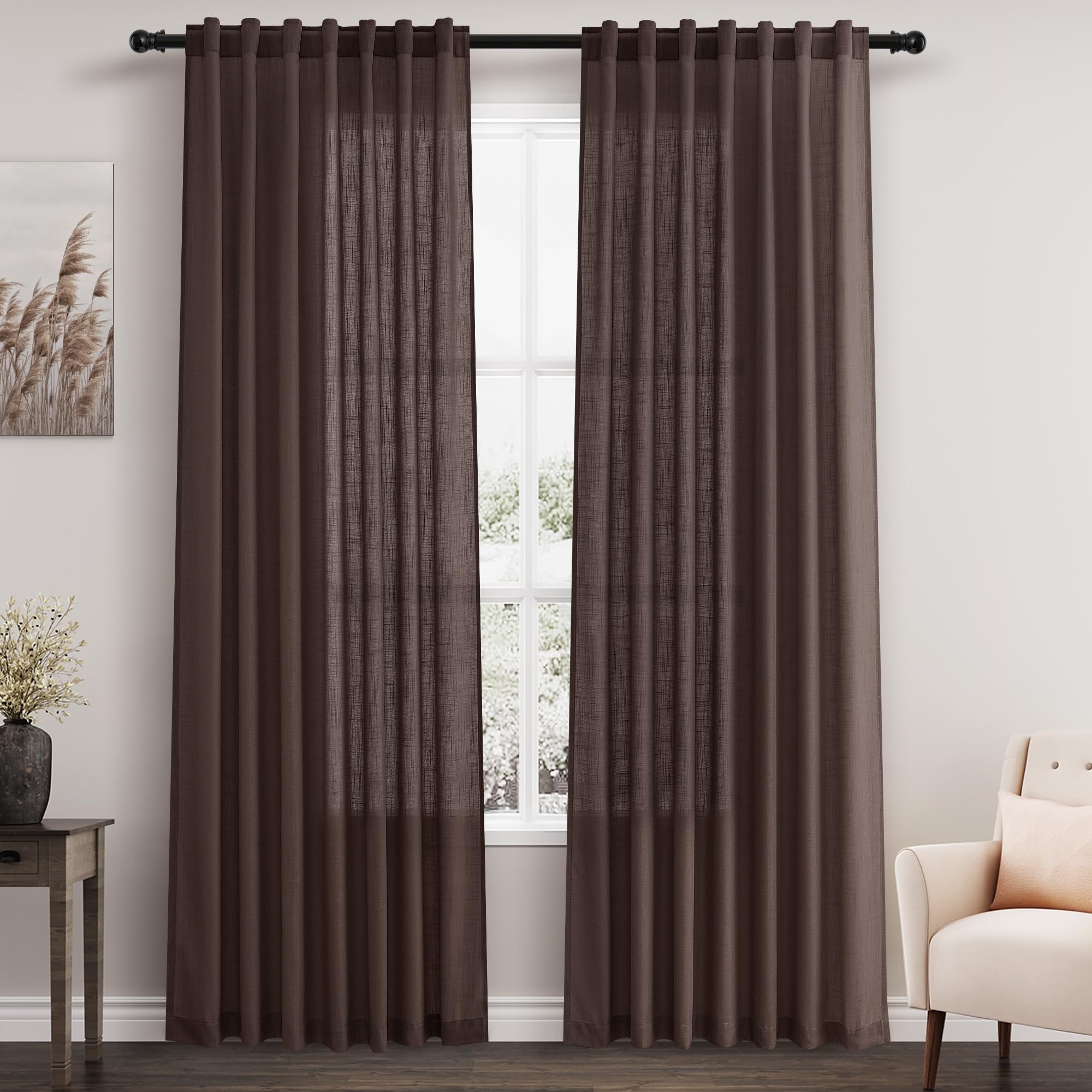 Nanspring Coffee Linen Blend Drapes 84 Inch Length 2 Panels Set Back Tab Rod Pocket Light Filtering Privacy Semi Sheer Textured Curtains Neutral Farmhouse Decor Curtains for Living Room Bedroom 52x84