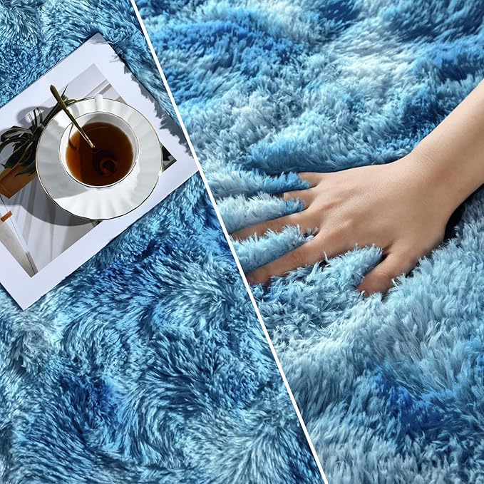 Deerhoo Large Shag Area Rugs 6 x 9, Tie-Dyed Plush Fuzzy Rugs for Living Room, Ultra Soft Fluffy Furry Rug for Bedroom, Indoor Carpet Nursery Rugs for Kids Room Home Decor, Bright Blue