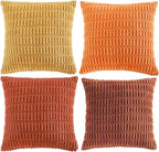 Fancy Homi Set of 4 Burnt Orange Fall Decorative Throw Pillow Covers 14x14 Inch for Couch Bed Chair, Modern Farmhouse Boho Room Decor, Soft Fuzzy Corduroy Textured Striped Cushion Case 35cm