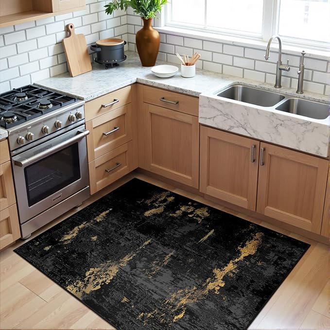 RELEANY Washable 3'x5' Abstract Area Rug for Living Room Black Gold