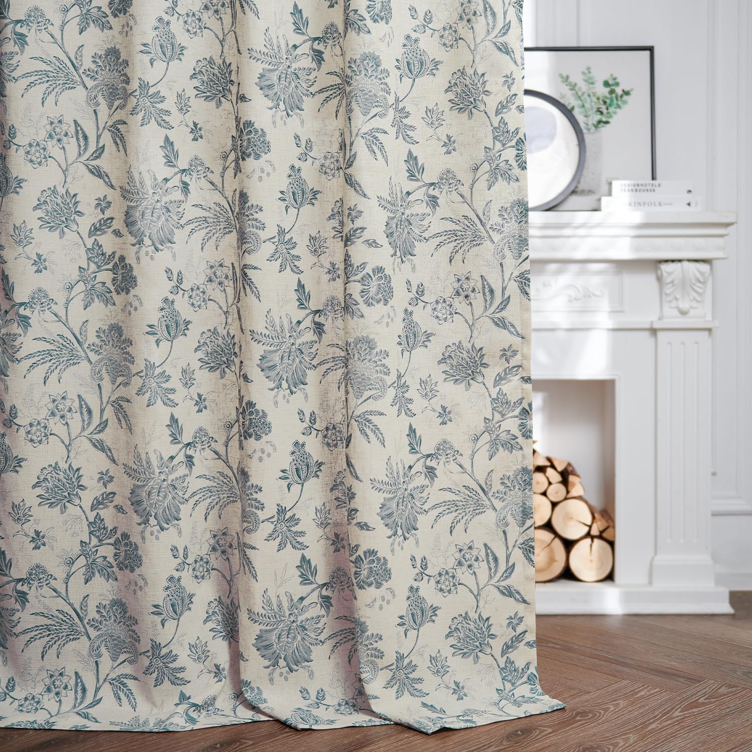 jinchan Linen Floral Curtains for Living Room with Printed Flower 90 Inches Long Light Filtering French Country Back Tab Rod Pocket Blue Window Curtain Set Farmhouse Drapes 2 Panels Blue
