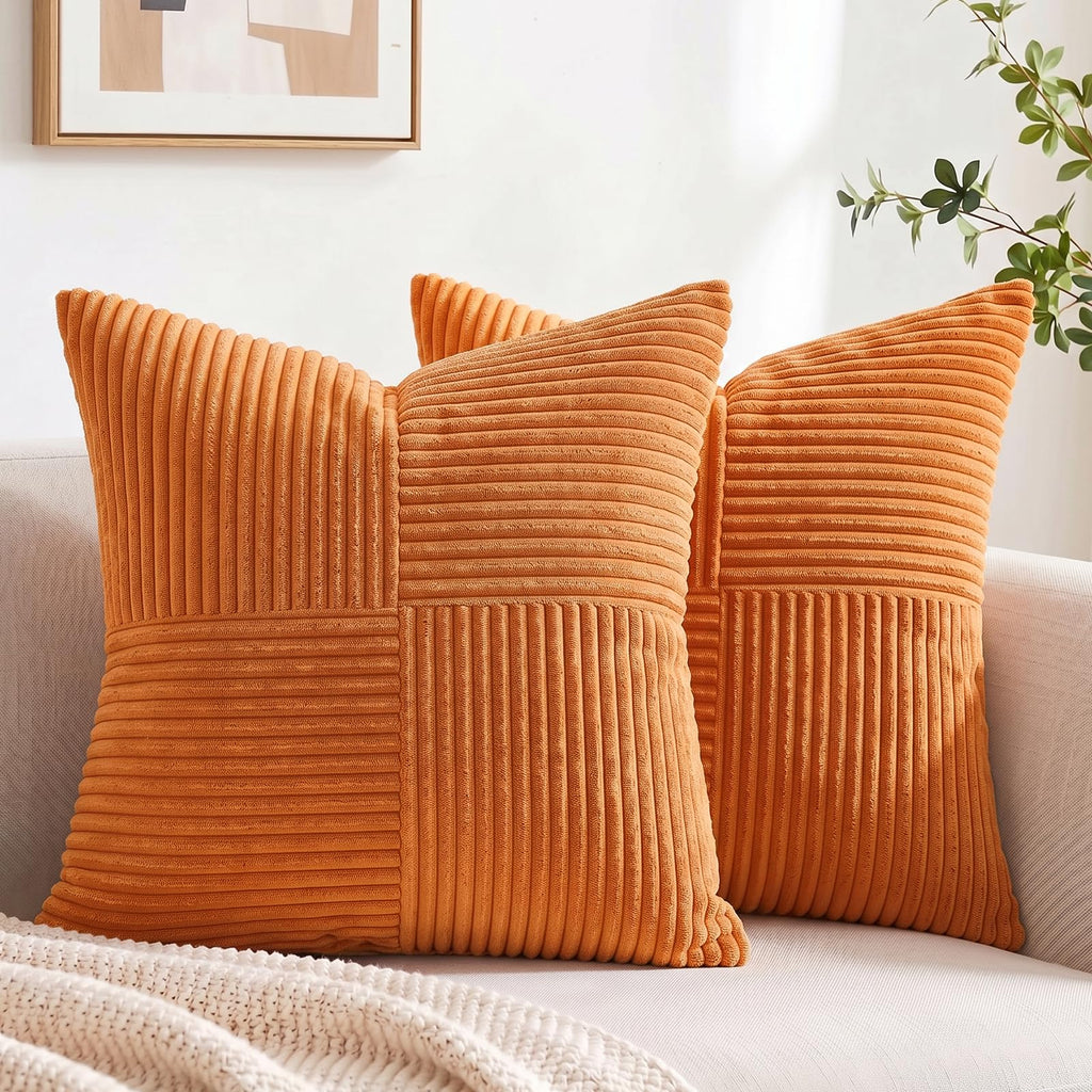 Fancy Homi 2 Packs Burnt Orange Decorative Throw Pillow Covers 22x22 Inch for Living Room Couch Bed, Rustic Farmhouse Boho Home Decor, Soft Corss Corduroy Patchwork Accent Square Cushion Case 55x55 cm