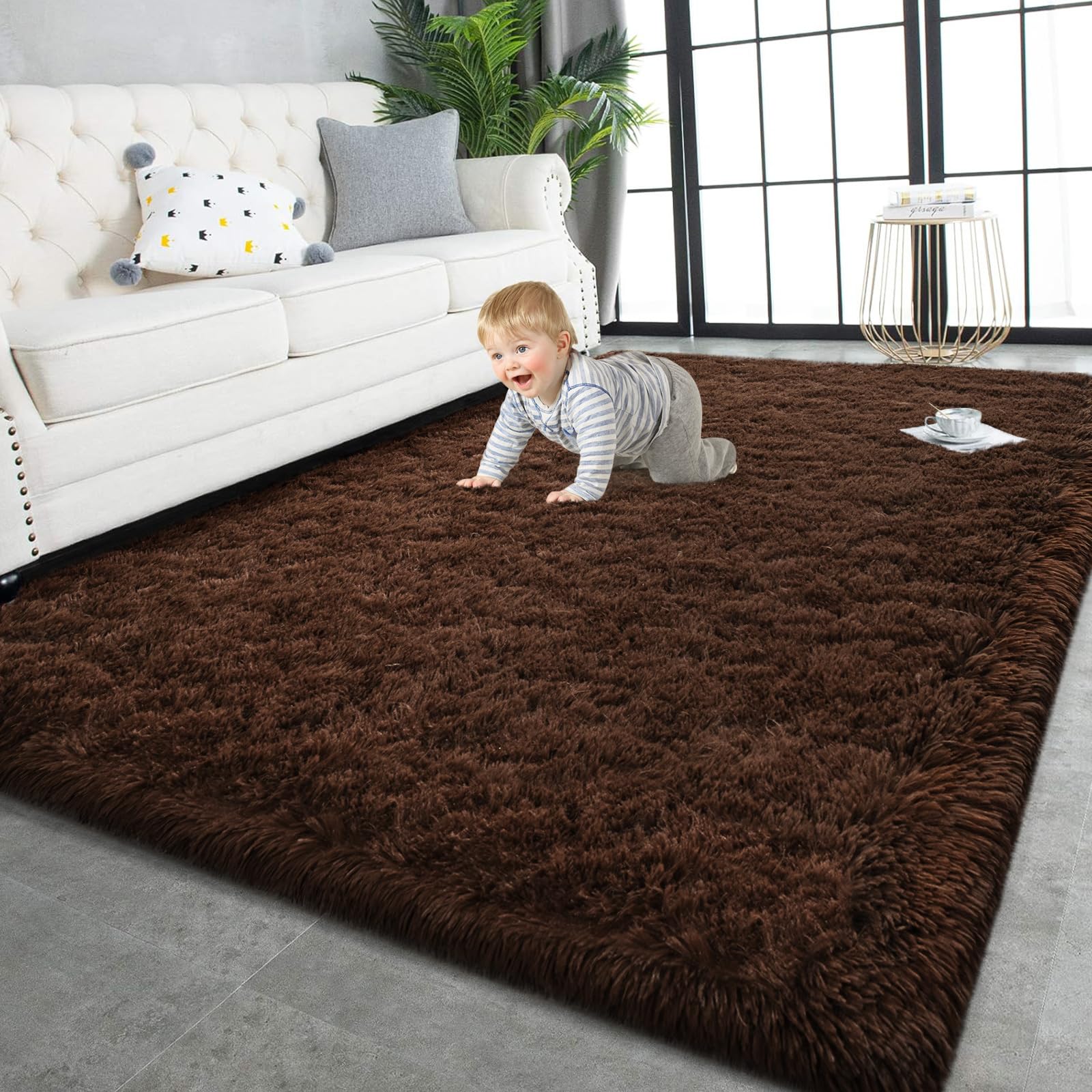 TWINNIS Super Soft Shaggy Rugs Fluffy Carpets, 6x9 Feet, Indoor Modern Plush Area Rugs for Living Room Bedroom Kids Room Nursery Home Decor, Upgrade Anti-Skid Rectangular Fuzzy Rug, Brown