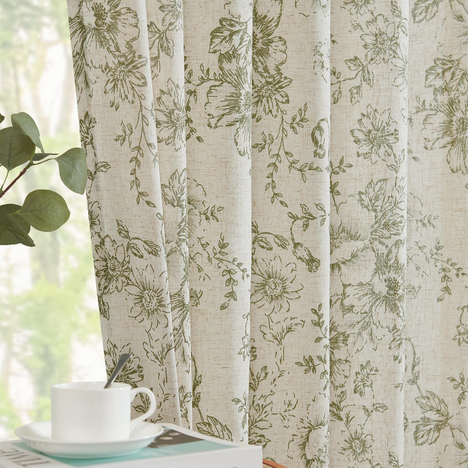 jinchan Vintage Floral Linen Curtains 90 Long for Living Room 2 Panels