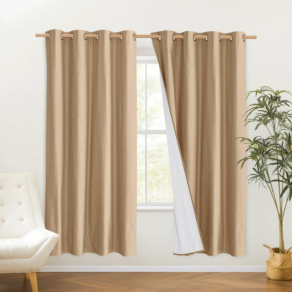 NICETOWN 100% Absolutely Blackout Linen Curtains with Thermal Insulated White Liner, Camel, W52 x L72, 2 Panels, Long Curtains 72 inch Length for Patio Door, Doorway, Office, Overnight Shiftworker