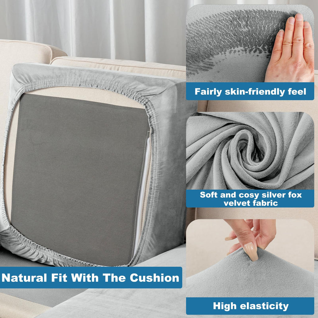 Taque Couch Cover 8-Piece Elastic Velvet Couch Cushion Covers & Chaise Slipcovers for L-Shaped Sofas - Sofa Seat Covers Washable, Soft Protector for Couches (7 Seater + Chaise, Light Grey)