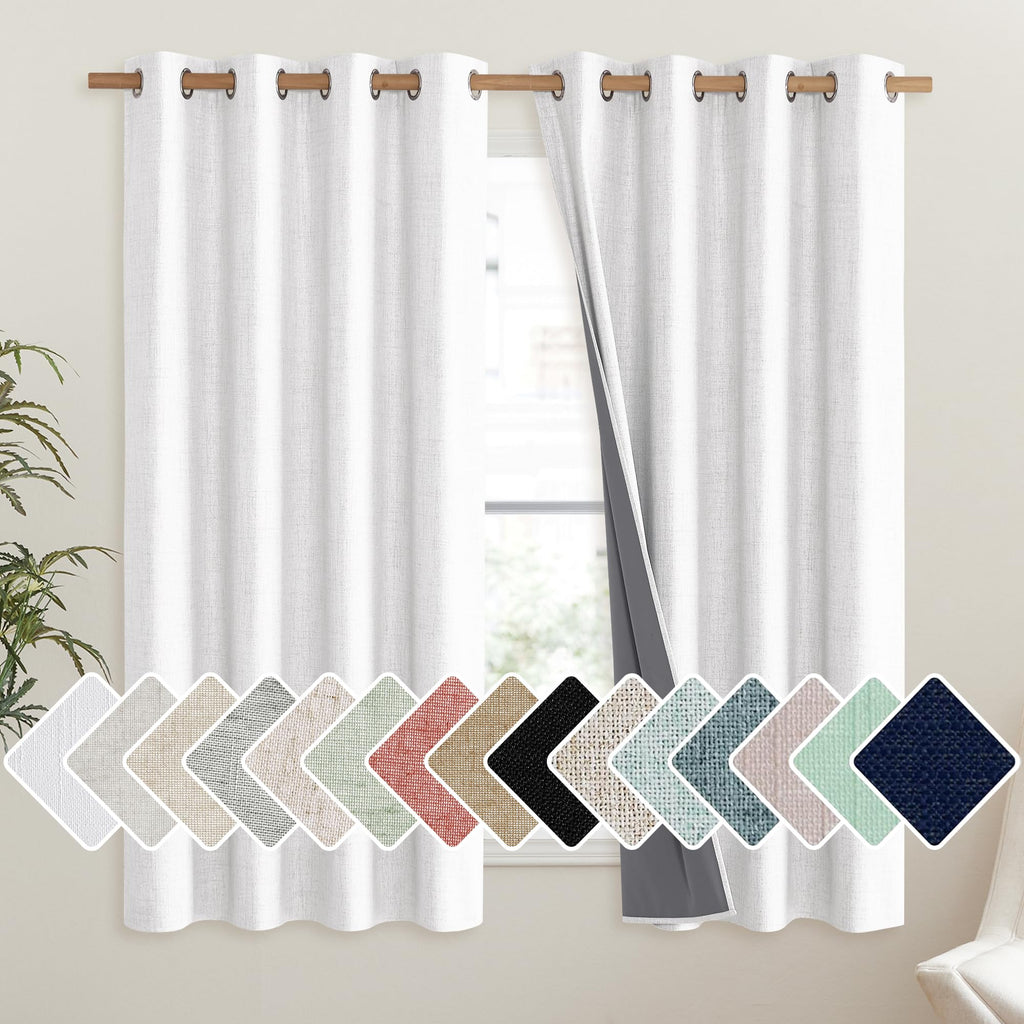 NICETOWN 100% Absolutely Blackout Linen Curtains with Thermal Insulated Liner, Greyish White, 52" Wide, 63" Length Energy Saving Curtains for Living Room 2 Panels Set, Vertical Blinds