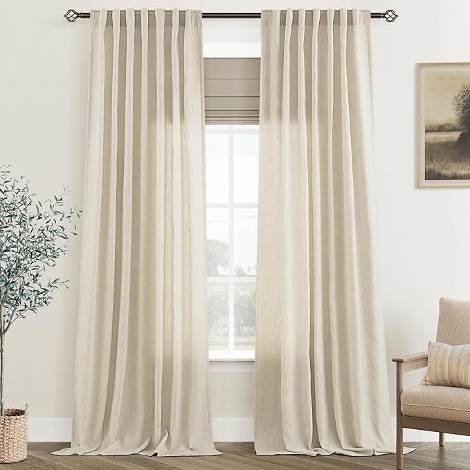 Faux Linen Beige Curtains 108 inches Long for Living Room Rustic Farmhouse Linen Drapes Semi Sheer Burlap Textured Canvas Cloth Curtain Panels Set of 2 Kahki Tan Colored