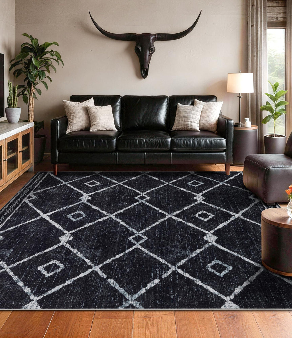 YIHOUSE Moroccan Rugs for Living Room, 8x10 Black and White Aztec Area Rug, Western Geometric Soft Low-Pile Washable Rugs for Bedroom, Dining Room