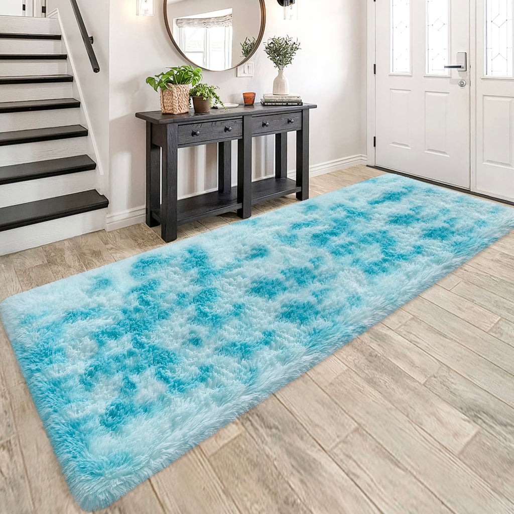 Tie-Dyed Sky Blue 3x10 Machine Washable Runner Rugs for Hallway Soft Fluffy Shaggy Bedside Rugs for Bedroom Living Room Indoor Floor Carpet for Kids Girls and Boys Nursery Rooms Home Decor Aesthetic