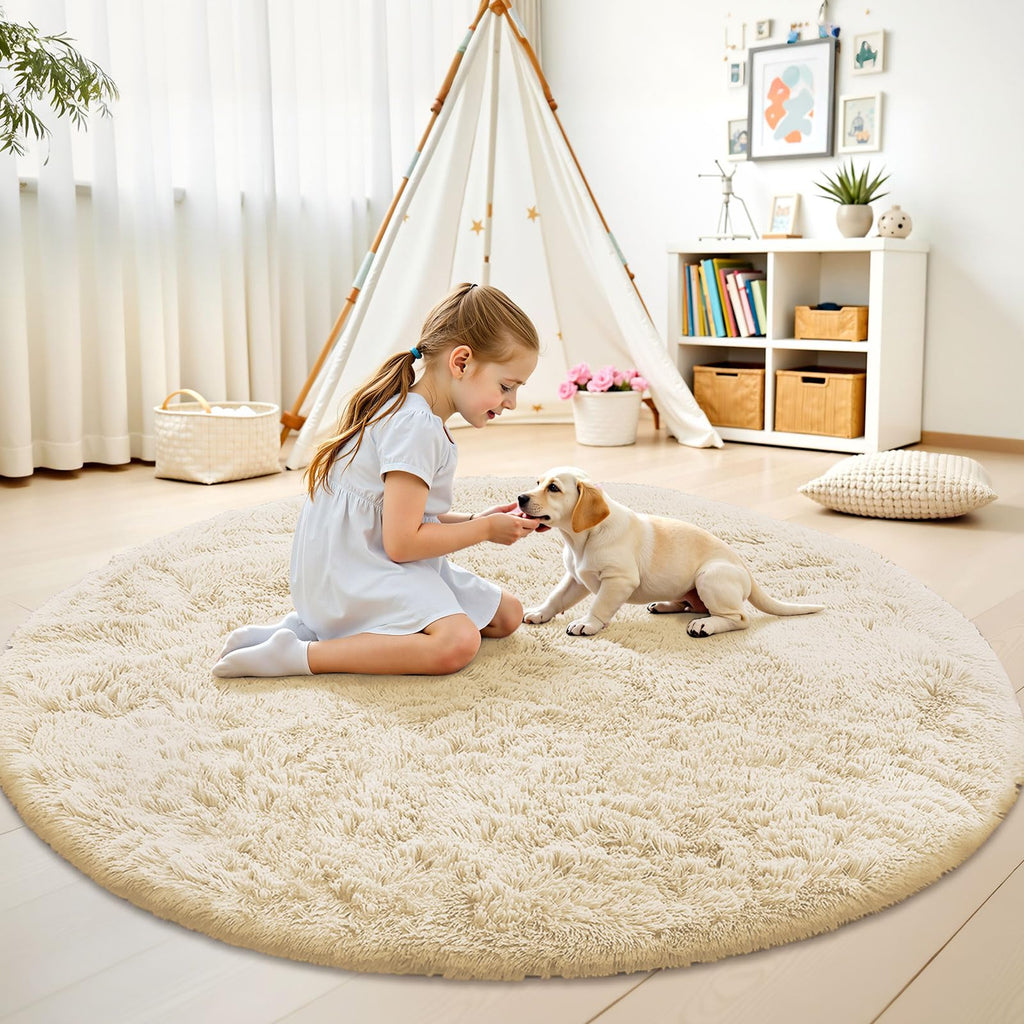 OLANLY Cream Round Rugs for Bedroom - Machine Washable, 8 ft Circle Area Rugs for Living Room, Soft and Fluffy Shaggy Carpet for Teen Girl and Boys, Nursery Rooms, Dorms, Home Decor Aesthetic