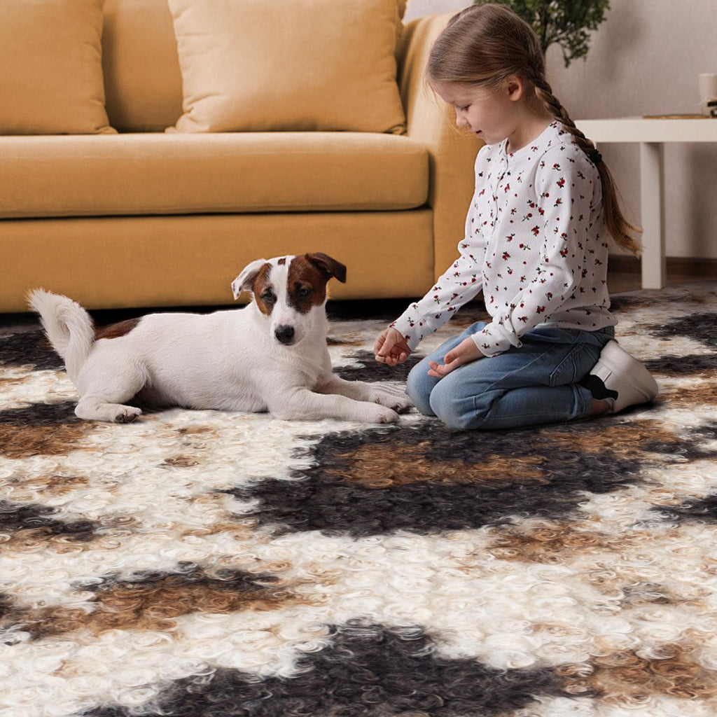 WARM HAVEN Faux Fur Cowhide Rug: Fluffy Cow Print 5.2x7 Feet Washable Cow Hide Rug for Living Room Bedroom Animal Print Skin Rustic Western Décor Black and Brown