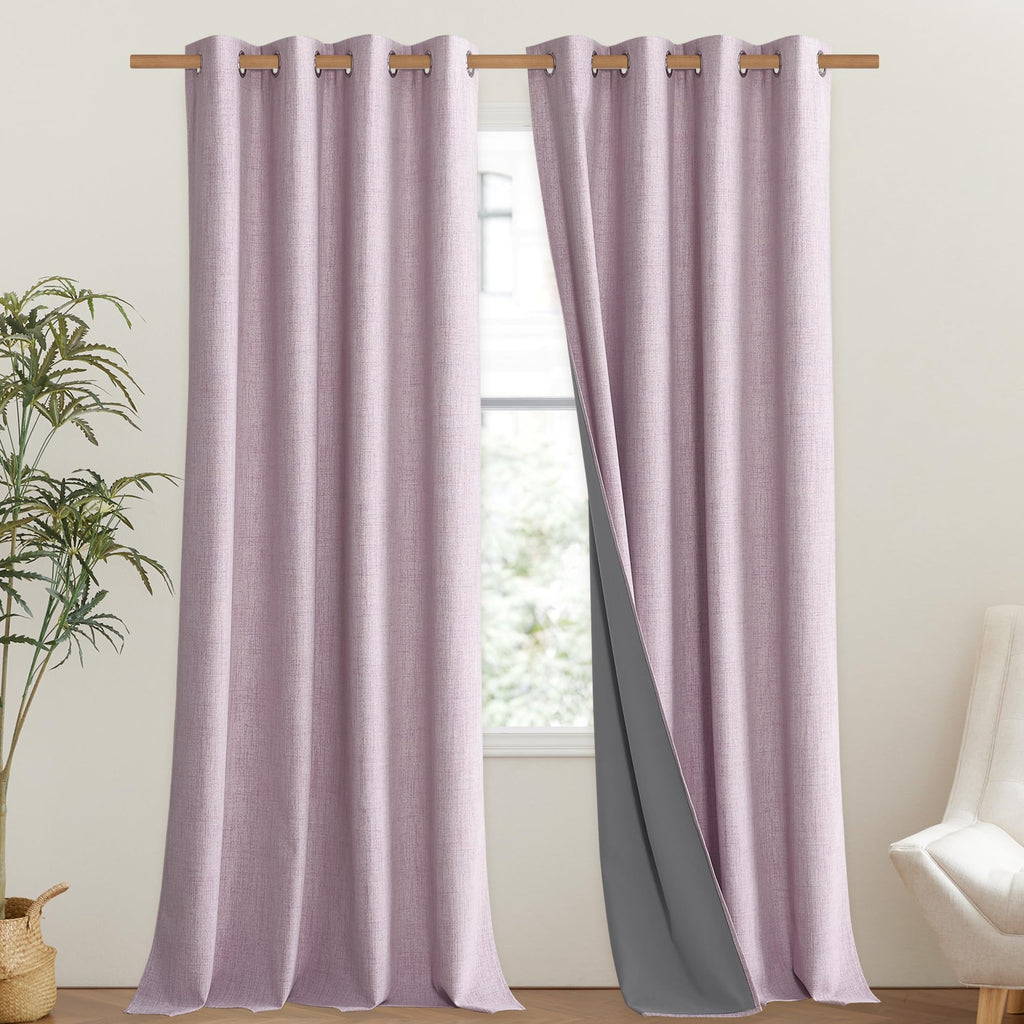 NICETOWN Pink Vintage Linen 100% Blackout Curtains for Living Room, Thermal Insulated Curtains 95" Long, Noise Reducing Window Treatment Drapes for Bedroom, 52" Wide Per Panel, Set of 2