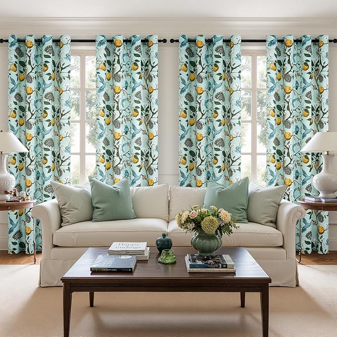 Topfinel 72 Inches Long Floral Curtains for Living Room Vintage French Country Grommet Botanical Hummingbird Woodland Patterned Mint Green Lemon Drapes for Bedroom Dining Living Room