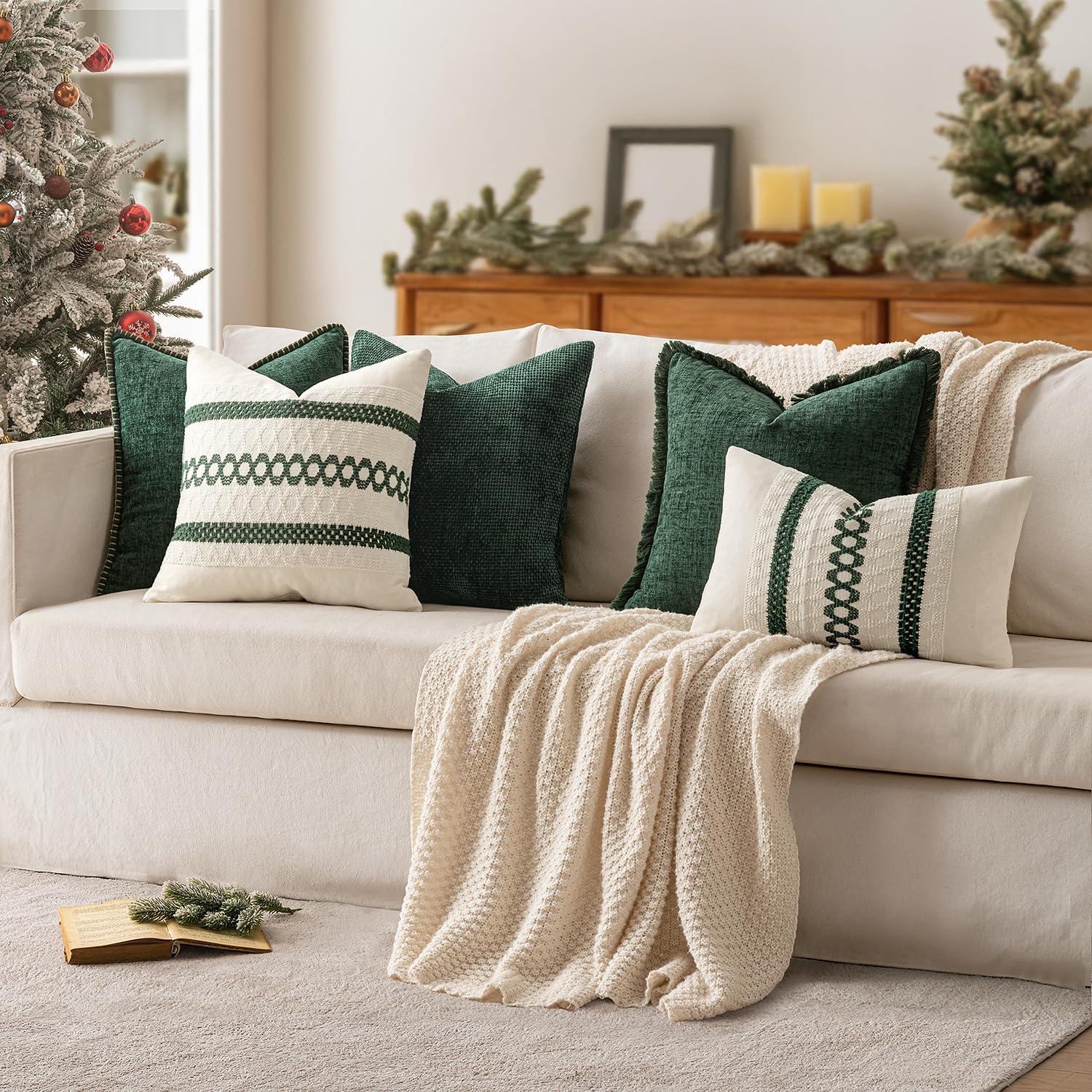 MIULEE Set of 2 Dark Green Boho Decorative Lumbar Pillow Covers 12x20 Inch