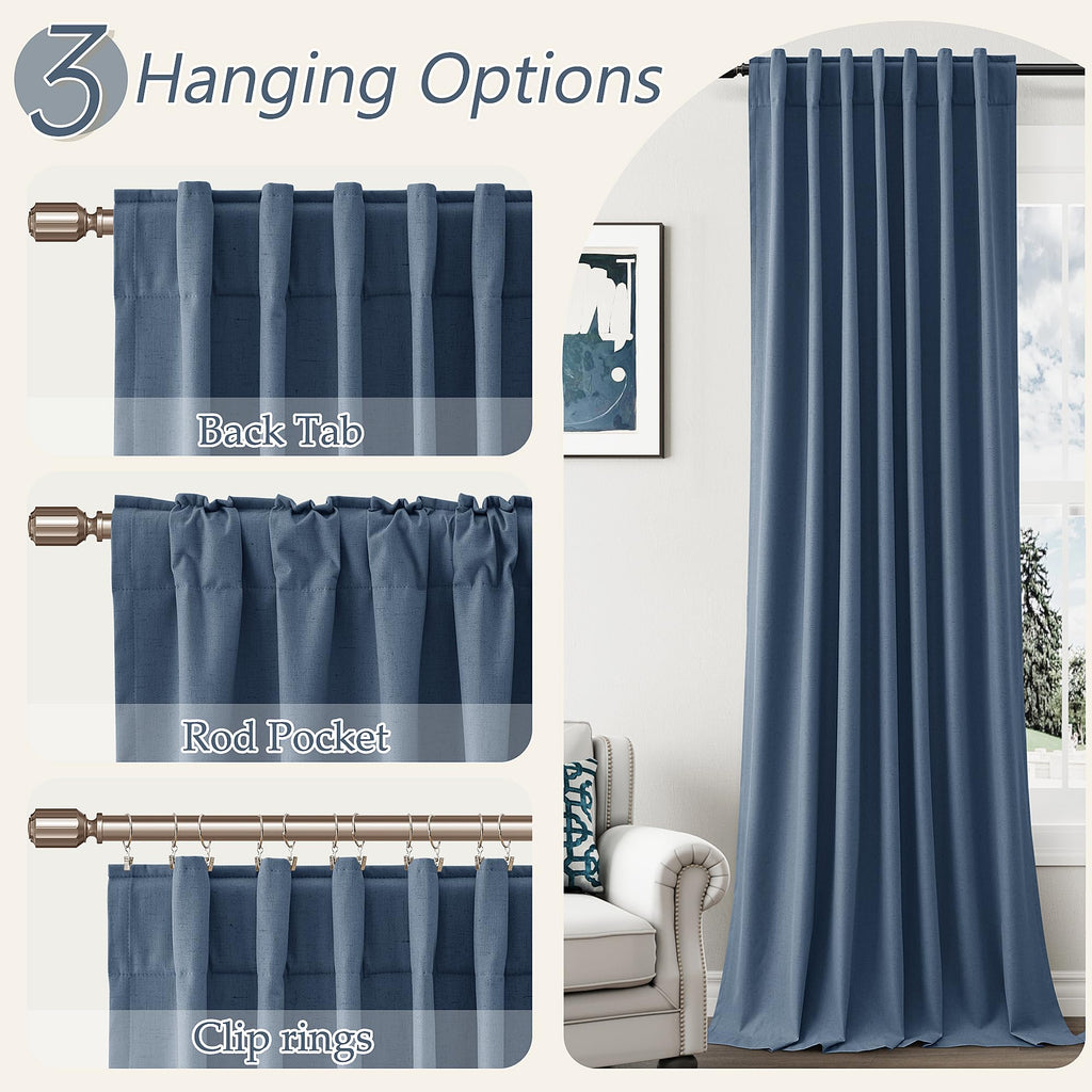 Denim Blue 100% Blackout Linen Curtains 120 Inch Length 2 Panels Set for Living Room Bedroom Back Tab Thermal Insulated Black Out Drapes Room Darkening Farmhouse Style for Bedroom Window Curtains