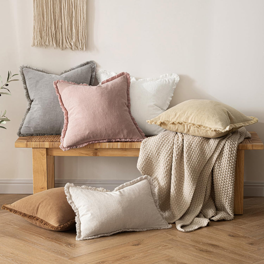 MIULEE Boho Linen Fringe Decorative Throw Pillow Covers White 20x20