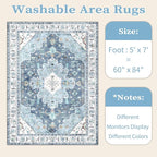 SERISSA Boho Area Rug 5x7 Blue, Washable Large Rugs for Living Room, Ultra Soft Non-Slip Bedroom Rug Print Distressed Vintage Oriental Farmhouse Carpet Rug for Dining Room Dorm Office Home Decor