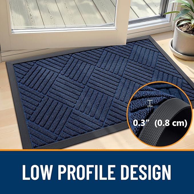 OLANLY Front Door Mat Outside Entrance 47x17, Absorbent, Heavy Duty Sturdy Natural Rubber Doormat Indoor Outdoor, Stain Fade Resistant, Non-Slip Low Profile Floor Mat for Entryway, Navy Blue Diamond