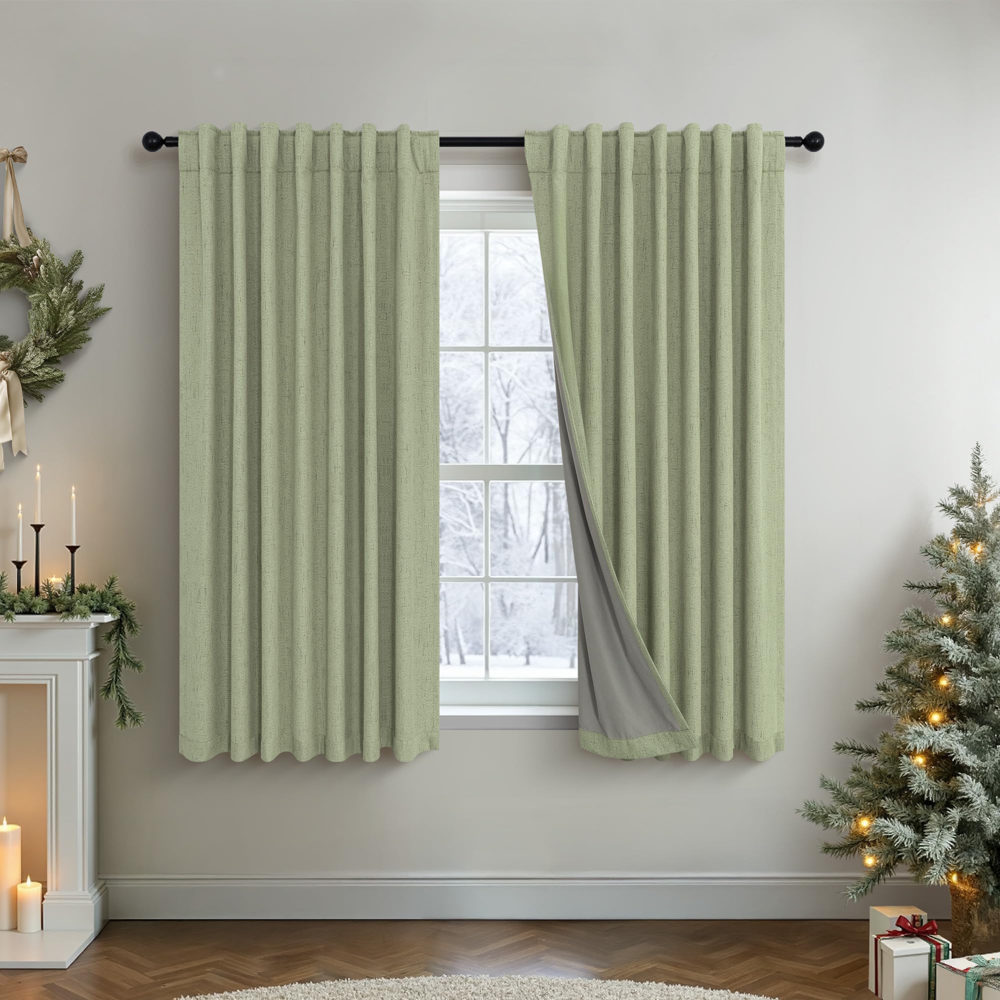 Light Sage Blackout Curtains for Bedroom Aesthetic 54 Inch Long 2 Panel Thermal Insulated Darkening Vintage Curtains for Small Window Short Length Classroom Playroom Linen Look Cottage Core Sage Green
