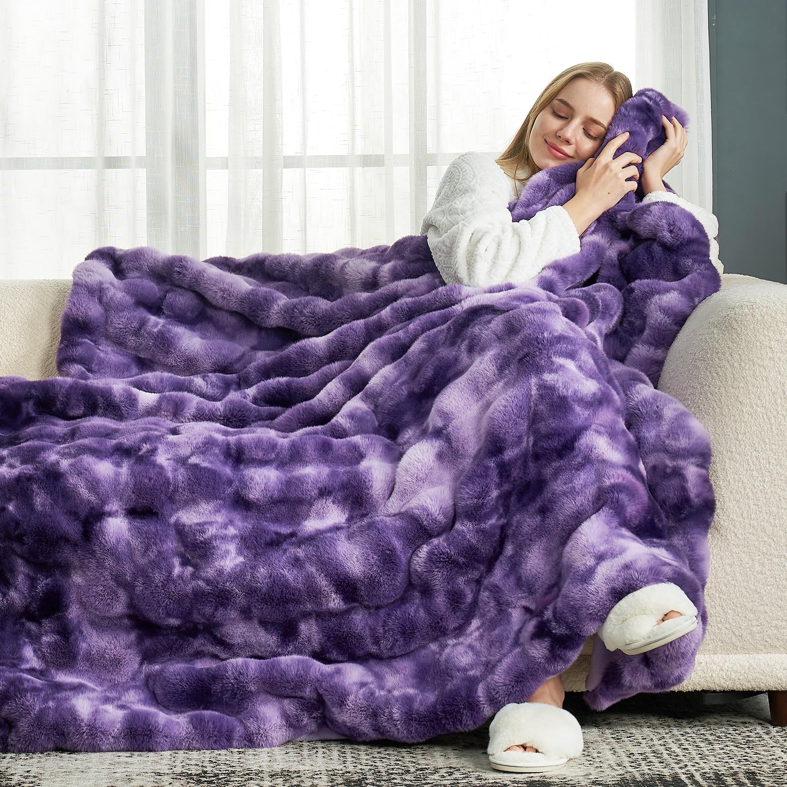 Cozy Bliss Faux Fur Throw Blanket for Couch, Fuzzy Soft Plush Thick Bubble Blanket for Sofa Bedroom Living Room, 60 * 80 Inches Tie-dye Purple