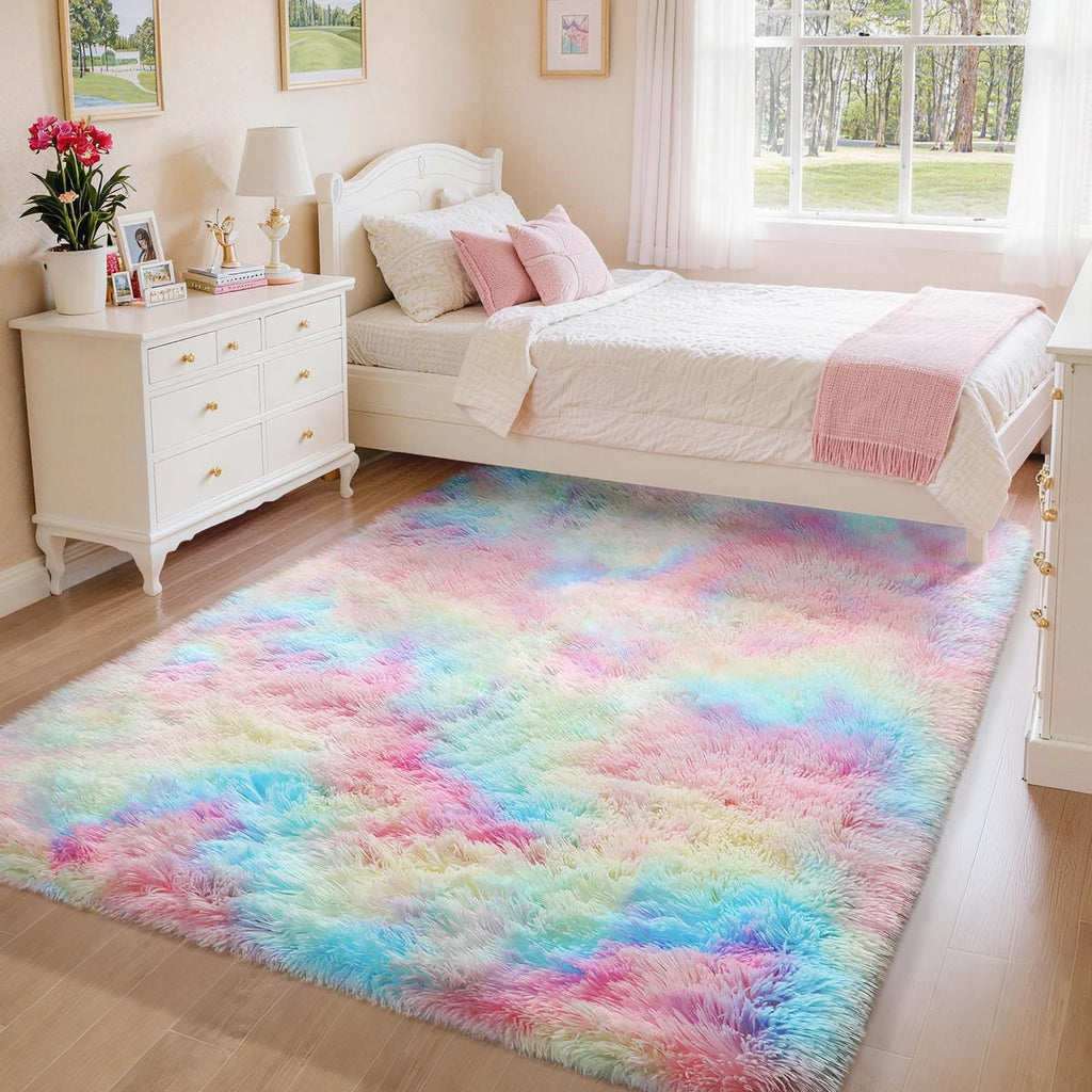 Ophanie Rainbow Rug for Bedroom Girls,Unicorn Colorful Fluffy Soft Cute Fuzzy Area Rugs,Shag Plush Shaggy Bedside Floor 4x6 Furry Carpet for Kids Baby Teen Dorm Decor with Over 99 pcs Pile fibers