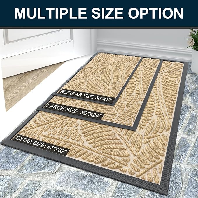 Colorxy Waterproof Doormat, Sturdy Natural Rubber Front Indoor Mat, Non Slip Low Profile Indoor Outdoor Door Mats, Stain and Fade Resistant Floor Mat, Easy Clean Patio Entrance Mat, 59''x23'', Beige