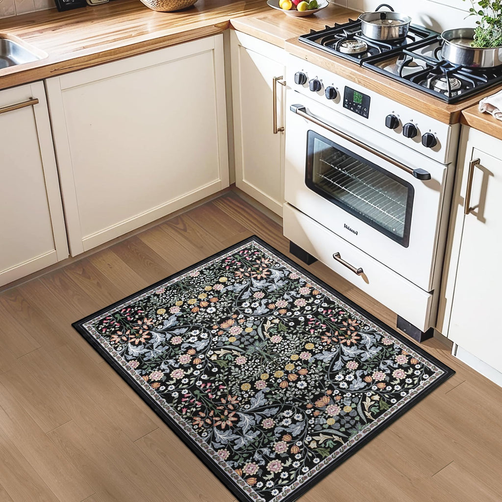 PLHXFR 2x3 Small Entryway Rug: Floral Washable Indoor Carpet Dark Black