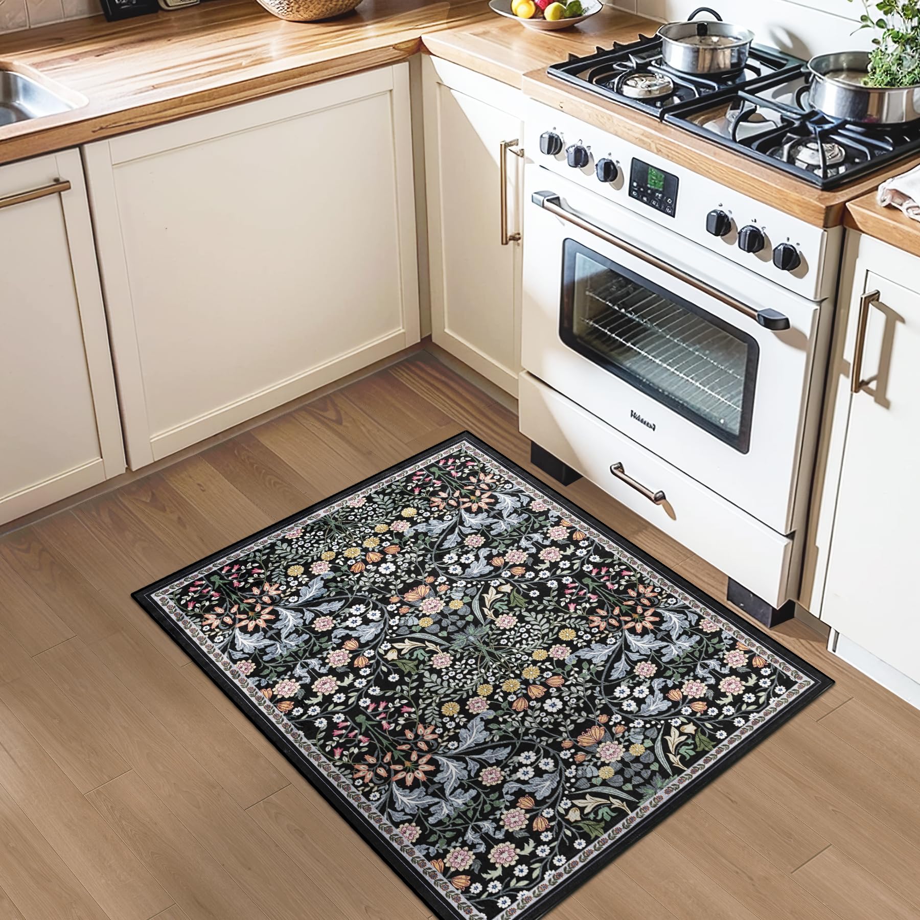 PLHXFR 2x3 Small Entryway Rug: Floral Washable Indoor Carpet Dark Black