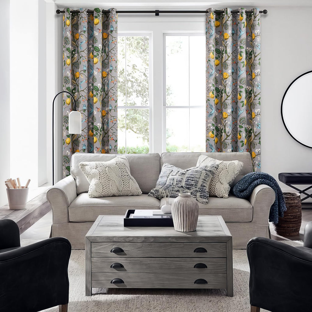 Topfinel Black Dark Floral Grey Blackout Curtains, Gray Decorative French Country Grommet Dark Academia Antique Decor Hummingbird Window Covering for Living Room Bedroom Dining,84 Inch Length