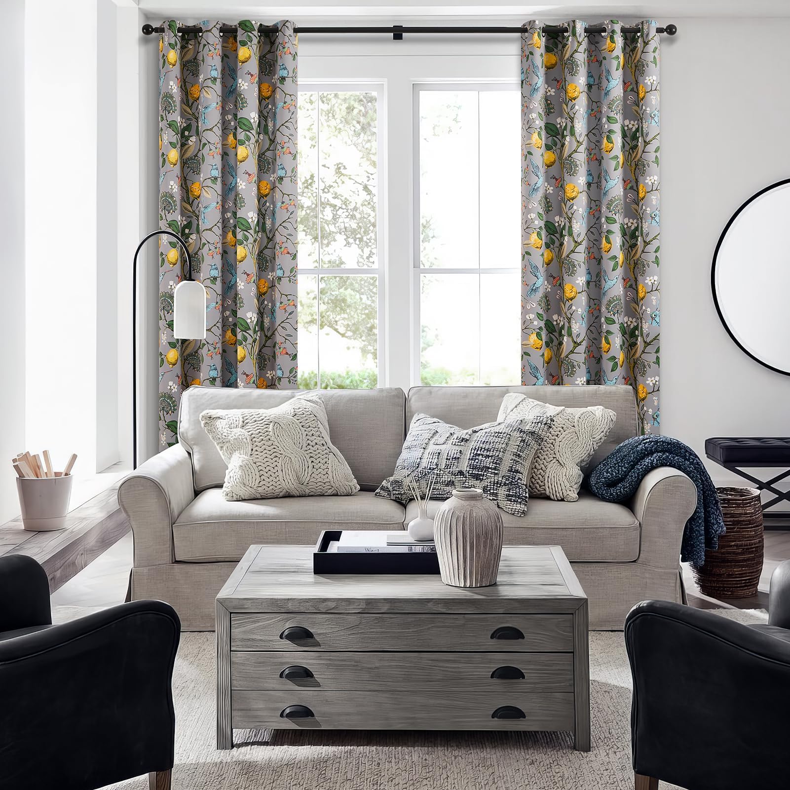 Topfinel Black Dark Floral Grey Blackout Curtains, Gray Decorative French Country Grommet Dark Academia Antique Decor Hummingbird Window Covering for Living Room Bedroom Dining,84 Inch Length