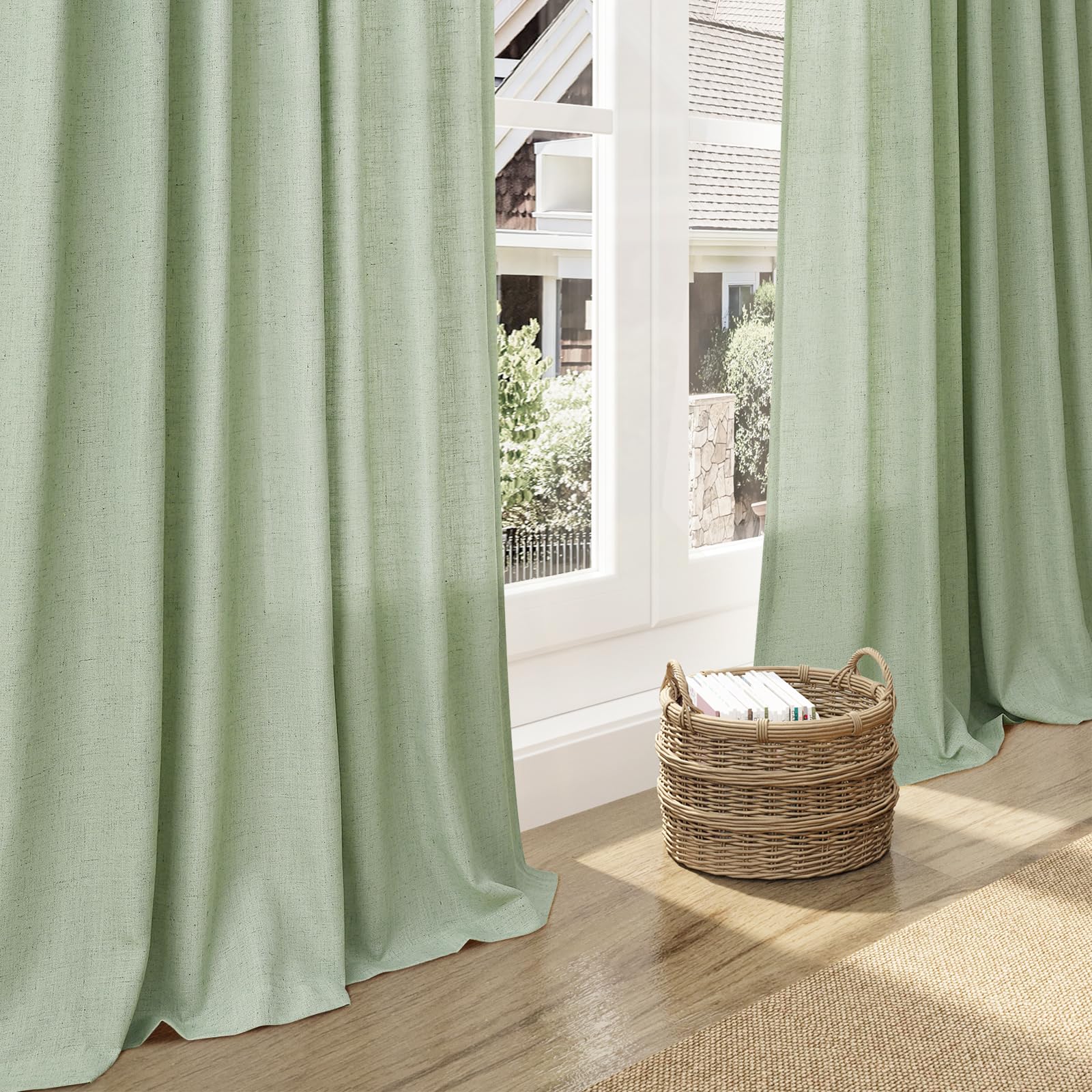 Mist Sage Linen Curtains 63 Inches Long 2 Panel Sets for Living Room Bedroom Rod Pocket Back Tab Light Filtering Drape for Kitchen Window Short Protect Privacy Curtain Modern Farmhouse Decor 52x63