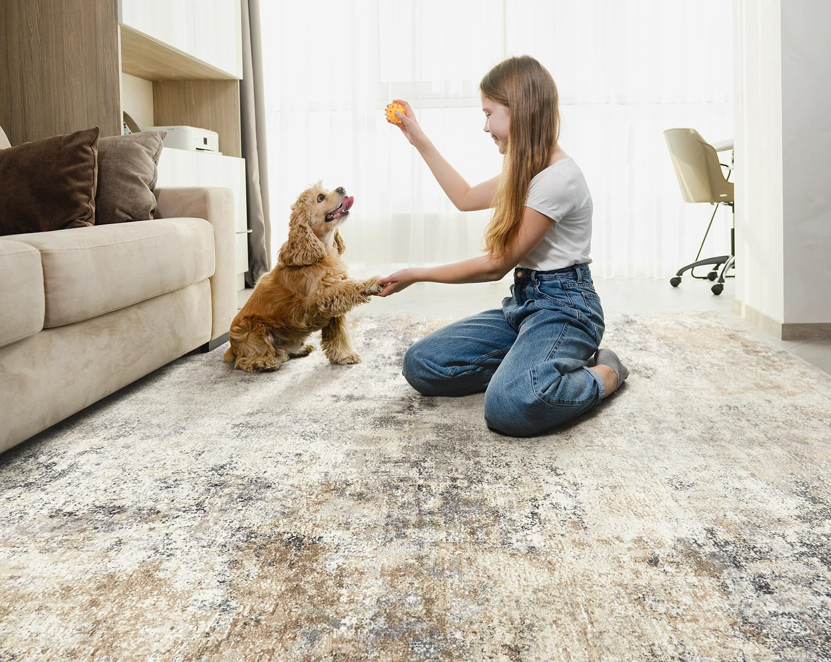 UERMEI 7x9 Area Rug Living Room Rugs - Washable Neutral Modern Abstract Soft Thin Large Rug Indoor Floor No Slip Rug Carpet for Bedroom Under Dining Table Home Office Decor - Golden Grey