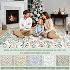 PLHXFR Round Area Rug Living Room: 6 ft Floral Washable Carpet Green Beige