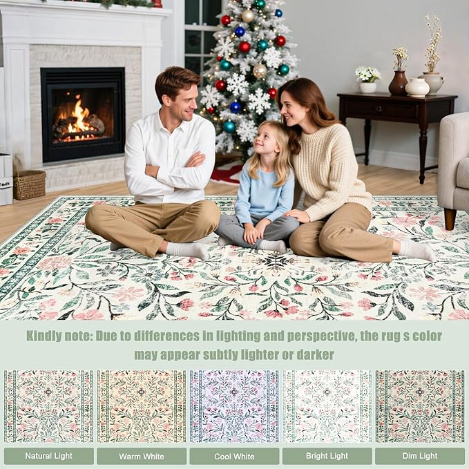 PLHXFR Round Area Rug Living Room: 6 ft Floral Washable Carpet Green Beige