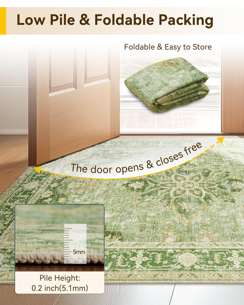RELEANY Washable Area Rug, 3'x5', Green/Yellow
